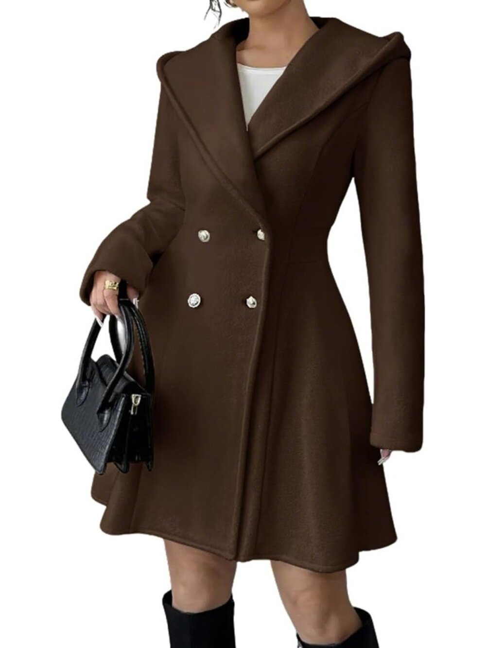Women's Coffee Winter Double Breasted Casual A-Line With Hooded Wool Trench Coat